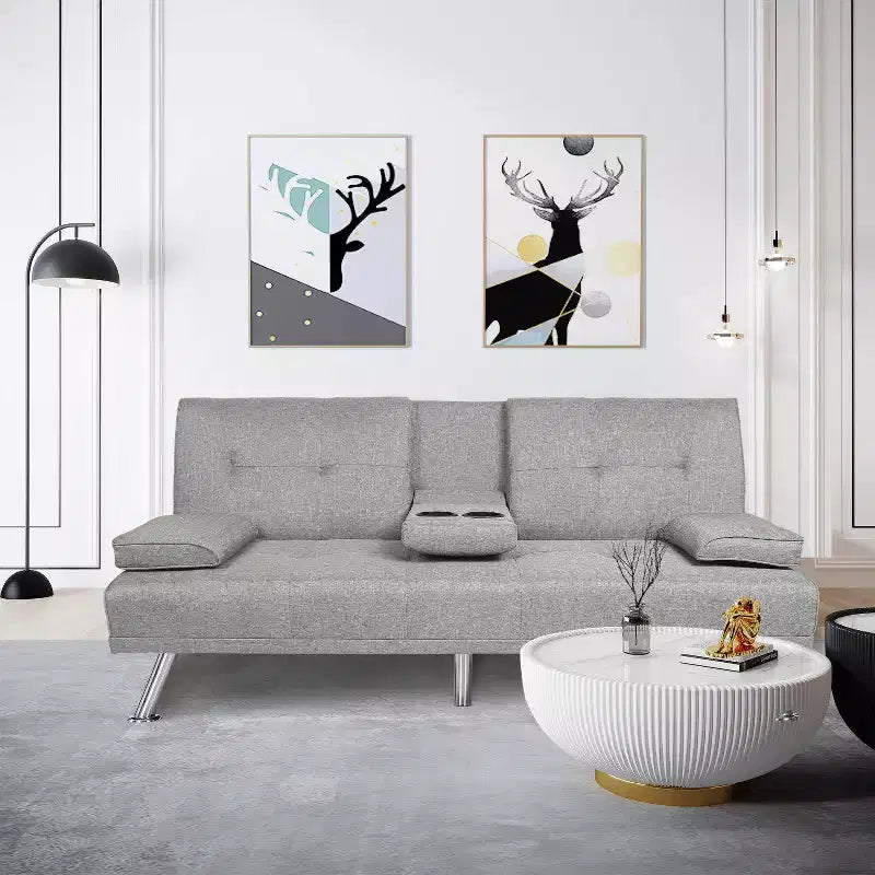 MAYEERTY 66 Futon Sofa Bed - Drop-Down Back with 2 Cup Holders, 3-Position Recline, Linen Upholstery