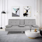 MAYEERTY 66 Futon Sofa Bed - Drop-Down Back with 2 Cup Holders, 3-Position Recline, Linen Upholstery