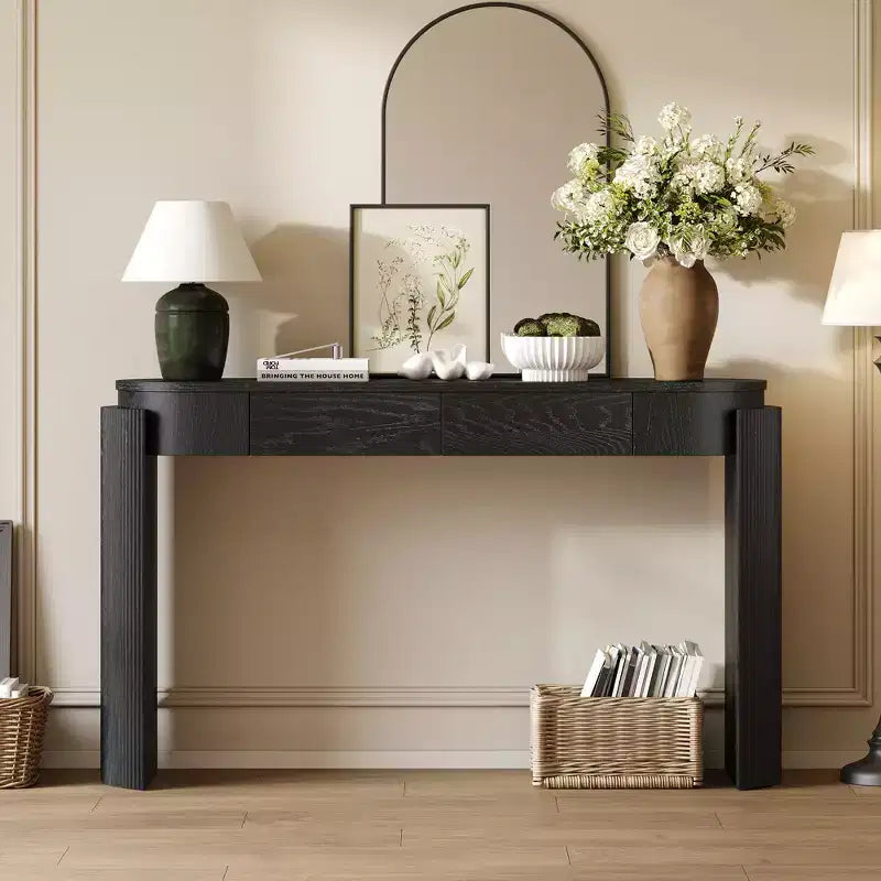 MAYEERTY Console Table with Natural Wood Grain Finish Fluted Design Oval Top and 2 Drawers for Entryway and Living Room Black