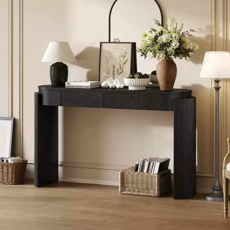 Console avec finition en grain de bois naturel, design cannelé, plateau ovale et 2 tiroirs pour entrée et salon, noire