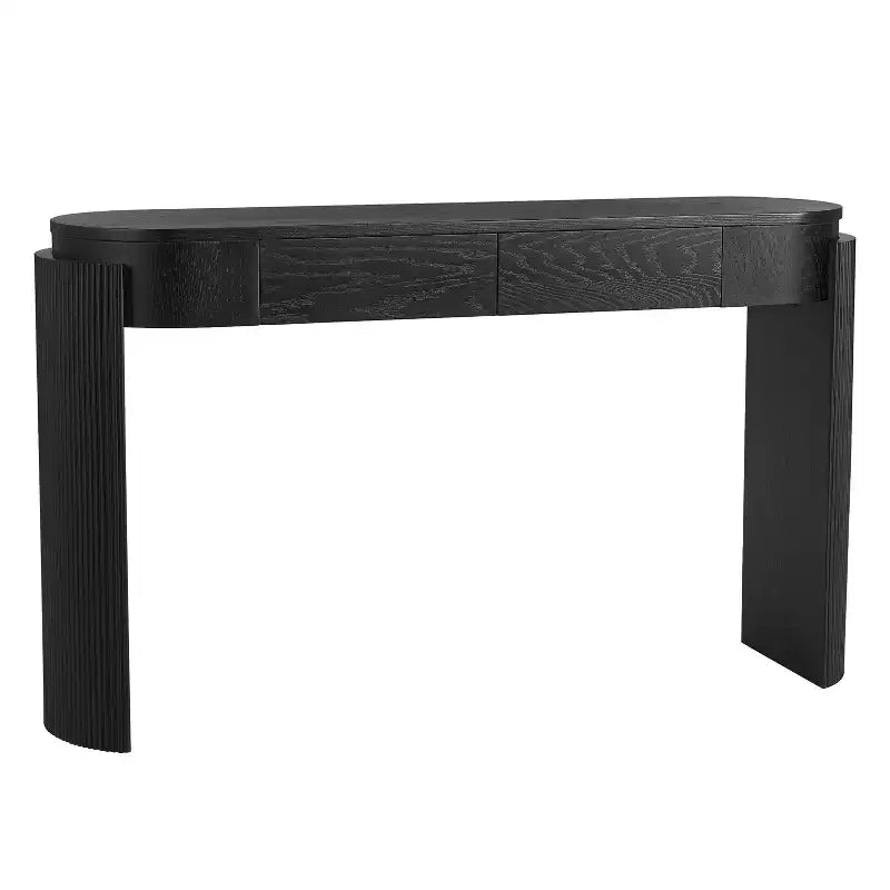 Console avec finition en grain de bois naturel, design cannelé, plateau ovale et 2 tiroirs pour entrée et salon, noire