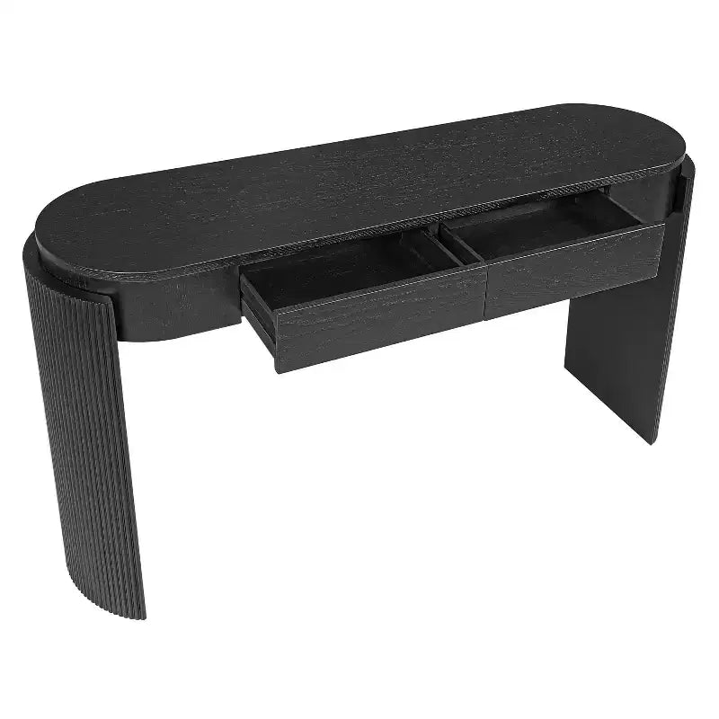 Console avec finition en grain de bois naturel, design cannelé, plateau ovale et 2 tiroirs pour entrée et salon, noire