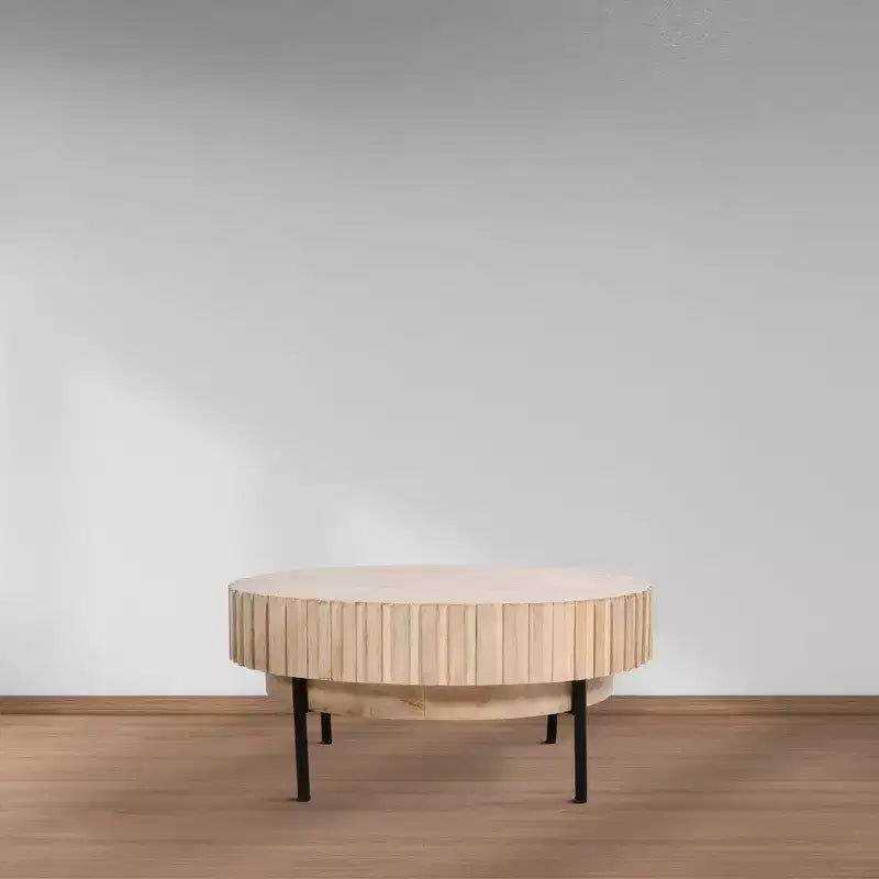 Royal Hampton, Modern Handcrafted Round Coffee Table Oak White Wood Top with Grooved Edges Black Iron Legs, 36 Inch