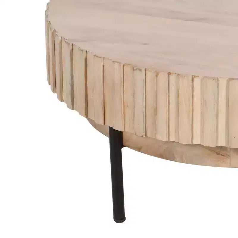 Table basse ronde moderne fabriquée à la main, plateau en bois de chêne blanc avec bords rainurés, pieds en fer noir, 91 cm