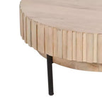 Table basse ronde moderne fabriquée à la main, plateau en bois de chêne blanc avec bords rainurés, pieds en fer noir, 91 cm