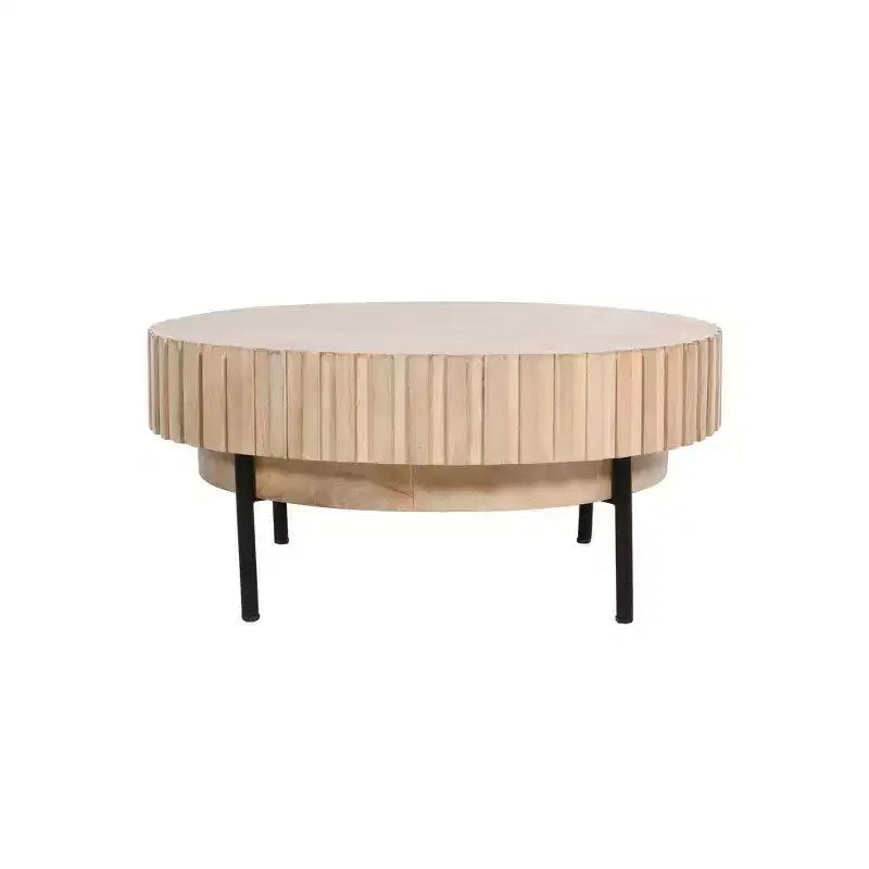Table basse ronde moderne fabriquée à la main, plateau en bois de chêne blanc avec bords rainurés, pieds en fer noir, 91 cm