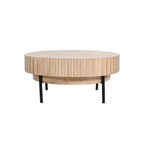 Table basse ronde moderne fabriquée à la main, plateau en bois de chêne blanc avec bords rainurés, pieds en fer noir, 91 cm