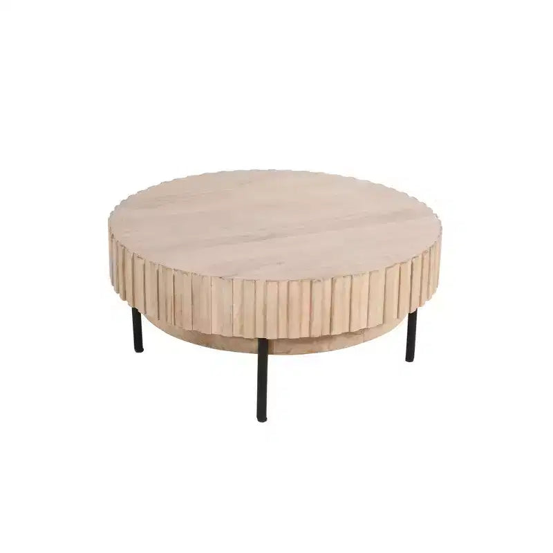 Table basse ronde moderne fabriquée à la main, plateau en bois de chêne blanc avec bords rainurés, pieds en fer noir, 91 cm