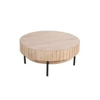 Table basse ronde moderne fabriquée à la main, plateau en bois de chêne blanc avec bords rainurés, pieds en fer noir, 91 cm