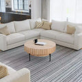 Table basse ronde moderne fabriquée à la main, plateau en bois de chêne blanc avec bords rainurés, pieds en fer noir, 91 cm