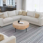 Table basse ronde moderne fabriquée à la main, plateau en bois de chêne blanc avec bords rainurés, pieds en fer noir, 91 cm