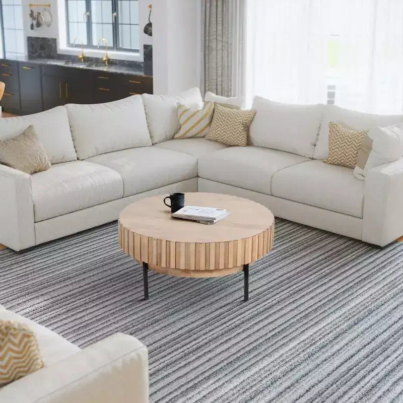 Table basse ronde moderne fabriquée à la main, plateau en bois de chêne blanc avec bords rainurés, pieds en fer noir, 91 cm