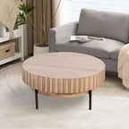 Table basse ronde moderne fabriquée à la main, plateau en bois de chêne blanc avec bords rainurés, pieds en fer noir, 91 cm