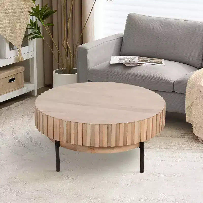 Table basse ronde moderne fabriquée à la main, plateau en bois de chêne blanc avec bords rainurés, pieds en fer noir, 91 cm