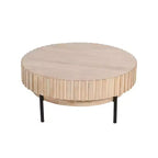 Table basse ronde moderne fabriquée à la main, plateau en bois de chêne blanc avec bords rainurés, pieds en fer noir, 91 cm