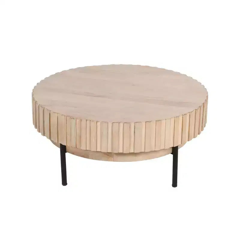 Table basse ronde moderne fabriquée à la main, plateau en bois de chêne blanc avec bords rainurés, pieds en fer noir, 91 cm