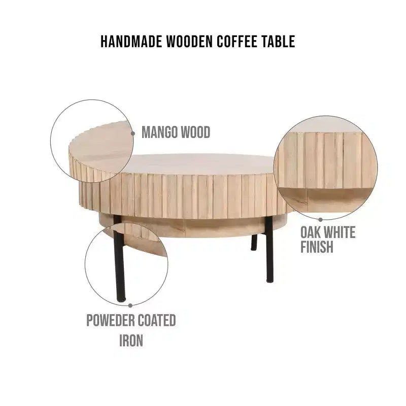Table basse ronde moderne fabriquée à la main, plateau en bois de chêne blanc avec bords rainurés, pieds en fer noir, 91 cm