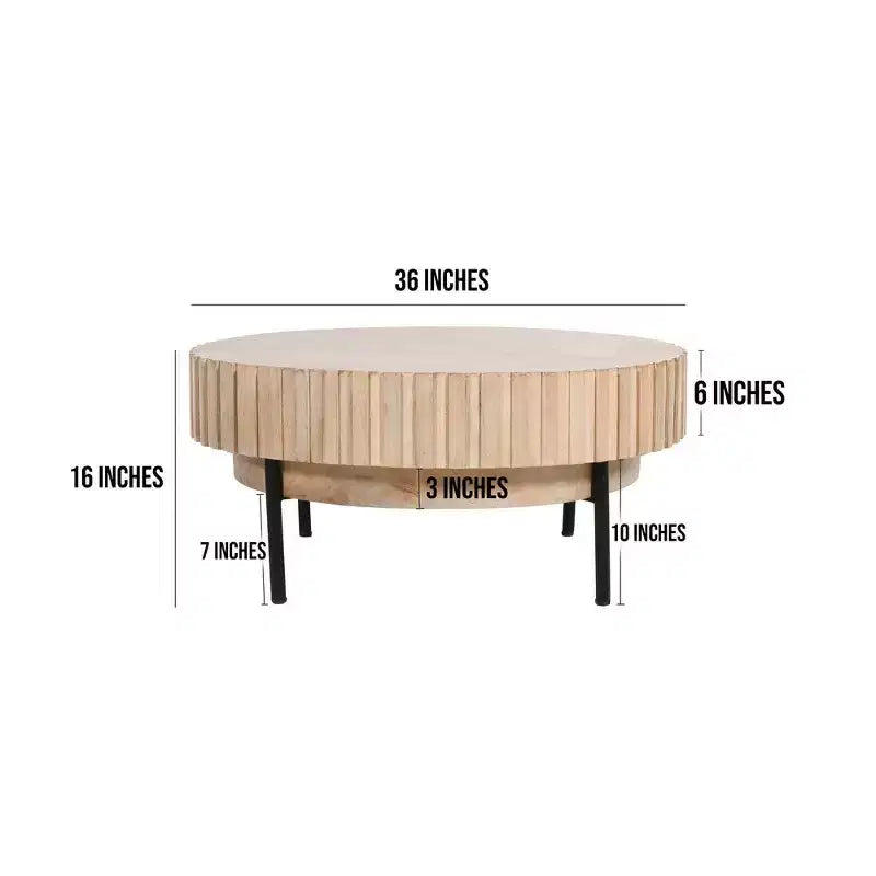 Table basse ronde moderne fabriquée à la main, plateau en bois de chêne blanc avec bords rainurés, pieds en fer noir, 91 cm