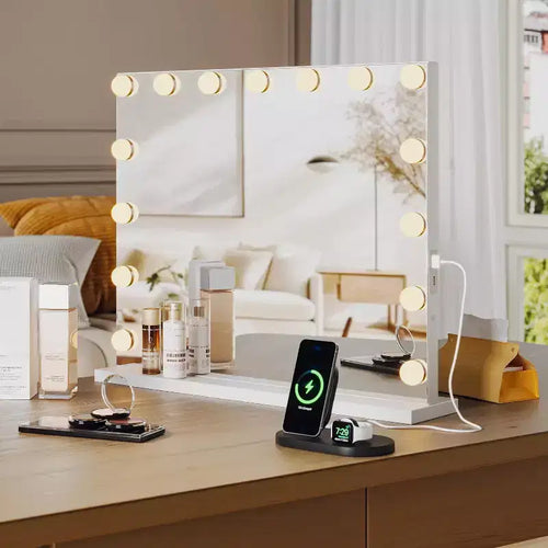23x18 Vanity Mirror with Lights, 15 LED Bulbs & 3 Color Modes, Lighted Makeup Mirror with Magnification, USB & Type-C Ports