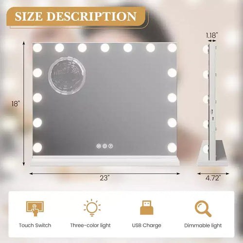 Miroir de courtoisie 23x18 avec lumières, 15 ampoules LED et 3 modes de couleur, miroir de maquillage lumineux avec grossissement, ports USB et Type-C