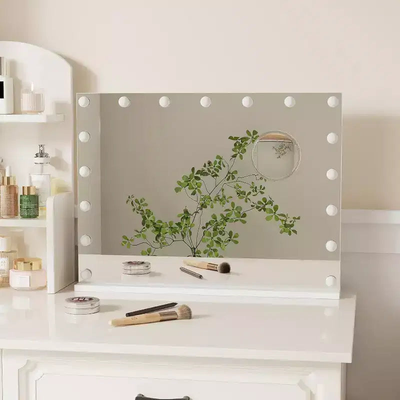 Miroir de courtoisie 23x18 avec lumières, 15 ampoules LED et 3 modes de couleur, miroir de maquillage lumineux avec grossissement, ports USB et Type-C