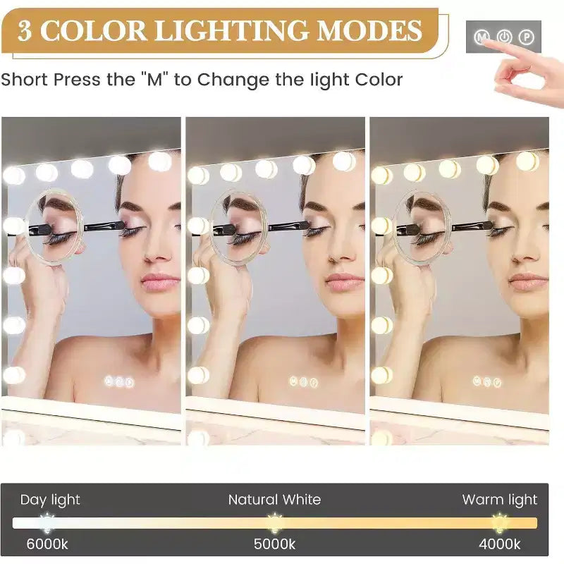Miroir de courtoisie 23x18 avec lumières, 15 ampoules LED et 3 modes de couleur, miroir de maquillage lumineux avec grossissement, ports USB et Type-C