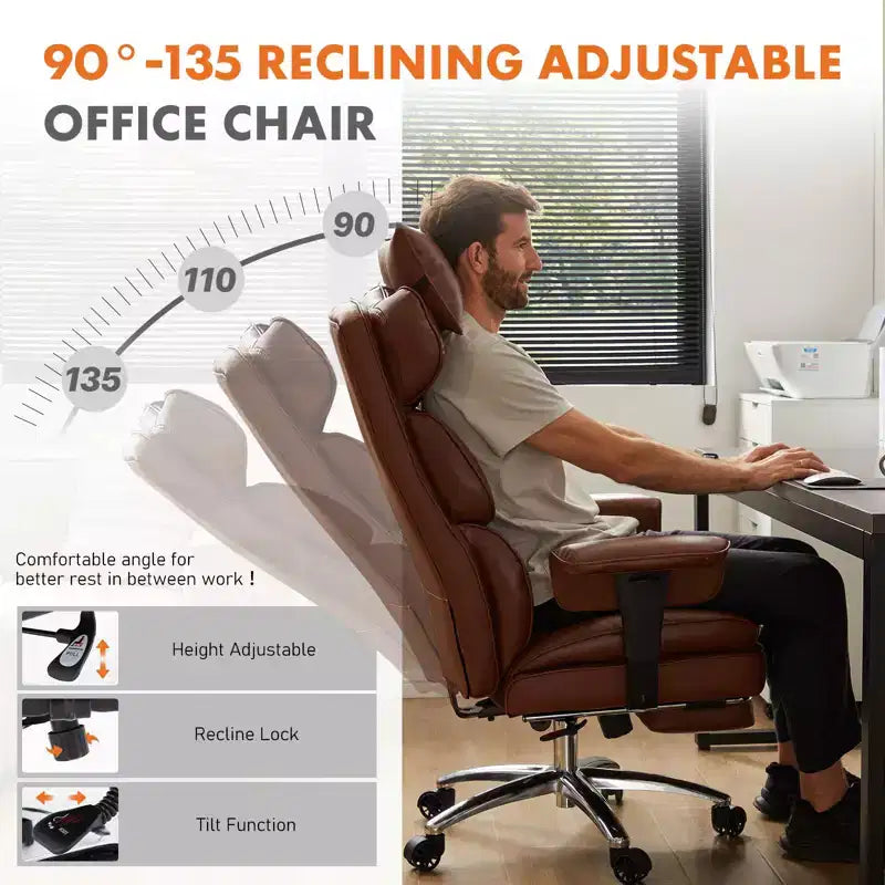 Fauteuil de bureau de direction en cuir PU, grand fauteuil de bureau avec repose-pieds et support lombaire, hauteur inclinable réglable
