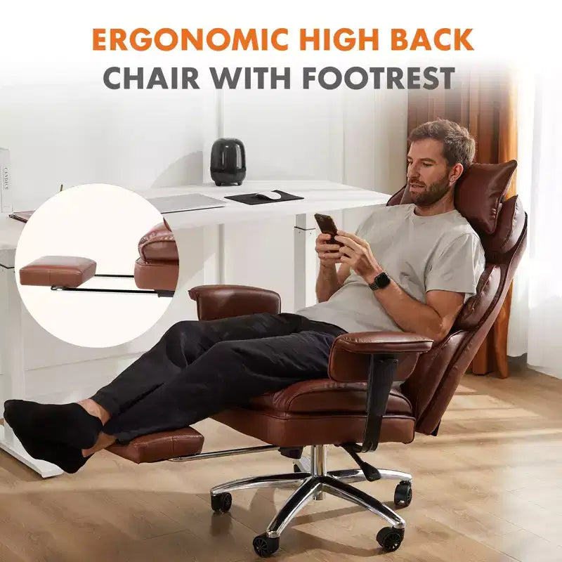 Fauteuil de bureau de direction en cuir PU, grand fauteuil de bureau avec repose-pieds et support lombaire, hauteur inclinable réglable