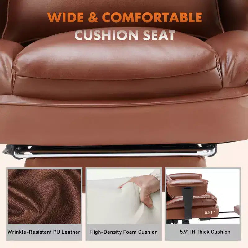 Fauteuil de bureau de direction en cuir PU, grand fauteuil de bureau avec repose-pieds et support lombaire, hauteur inclinable réglable