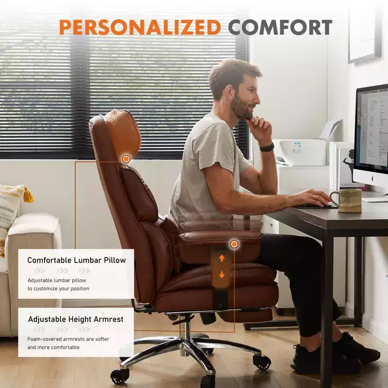 Fauteuil de bureau de direction en cuir PU, grand fauteuil de bureau avec repose-pieds et support lombaire, hauteur inclinable réglable