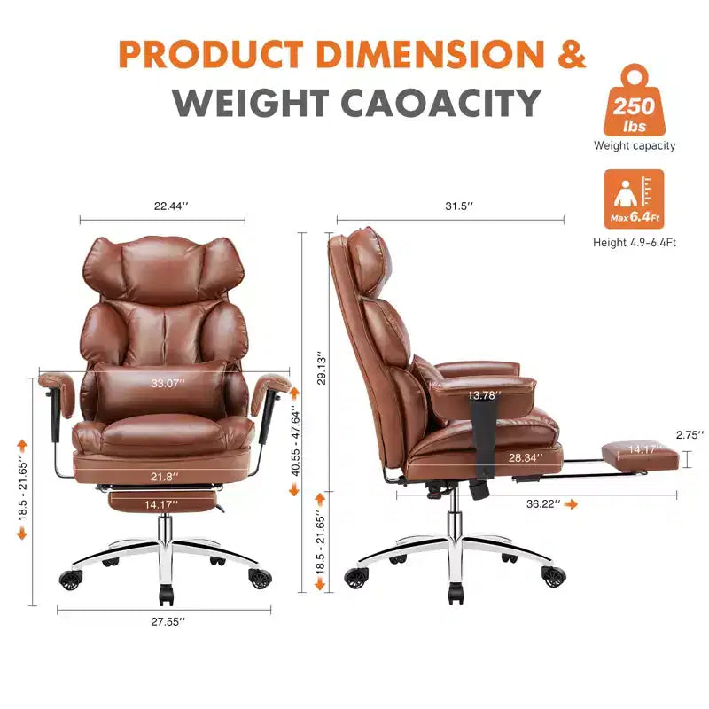 Fauteuil de bureau de direction en cuir PU, grand fauteuil de bureau avec repose-pieds et support lombaire, hauteur inclinable réglable