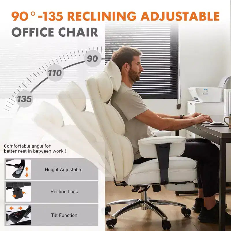 Fauteuil de bureau de direction en cuir PU, grand fauteuil de bureau avec repose-pieds et support lombaire, hauteur inclinable réglable