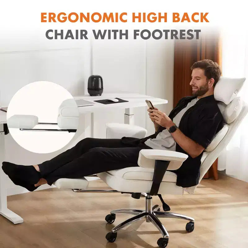 Fauteuil de bureau de direction en cuir PU, grand fauteuil de bureau avec repose-pieds et support lombaire, hauteur inclinable réglable