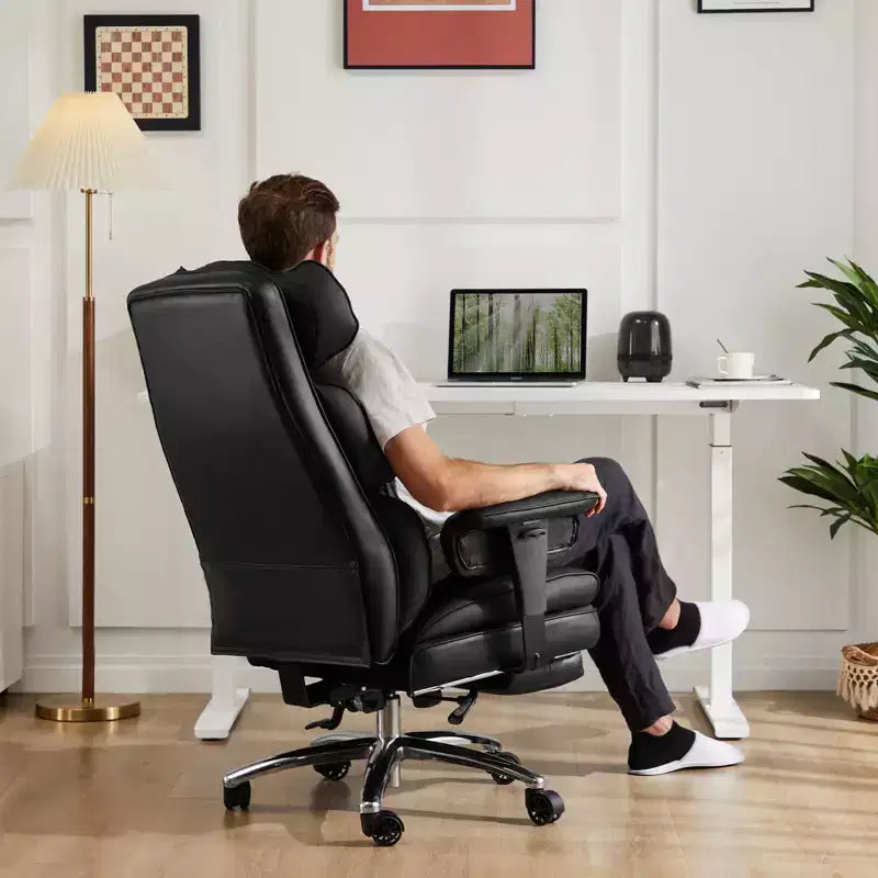 Fauteuil de bureau de direction en cuir PU, grand fauteuil de bureau avec repose-pieds et support lombaire, hauteur inclinable réglable