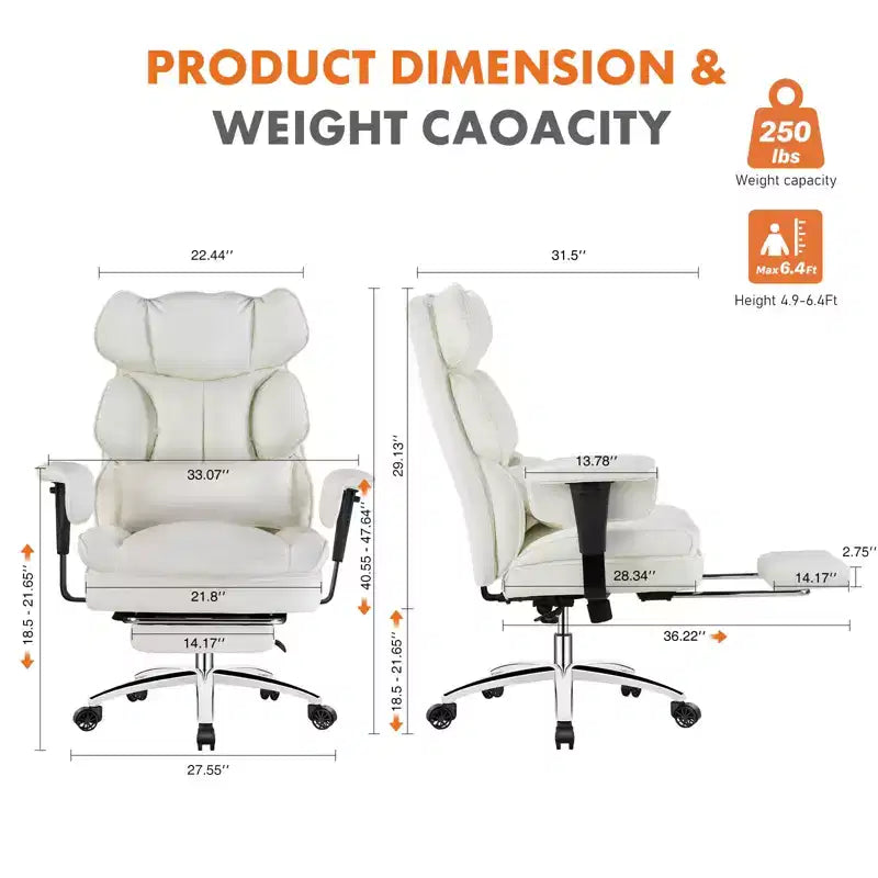 Fauteuil de bureau de direction en cuir PU, grand fauteuil de bureau avec repose-pieds et support lombaire, hauteur inclinable réglable