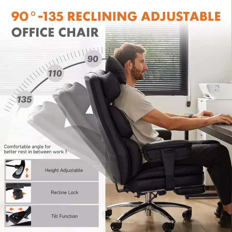 Fauteuil de bureau de direction en cuir PU, grand fauteuil de bureau avec repose-pieds et support lombaire, hauteur inclinable réglable