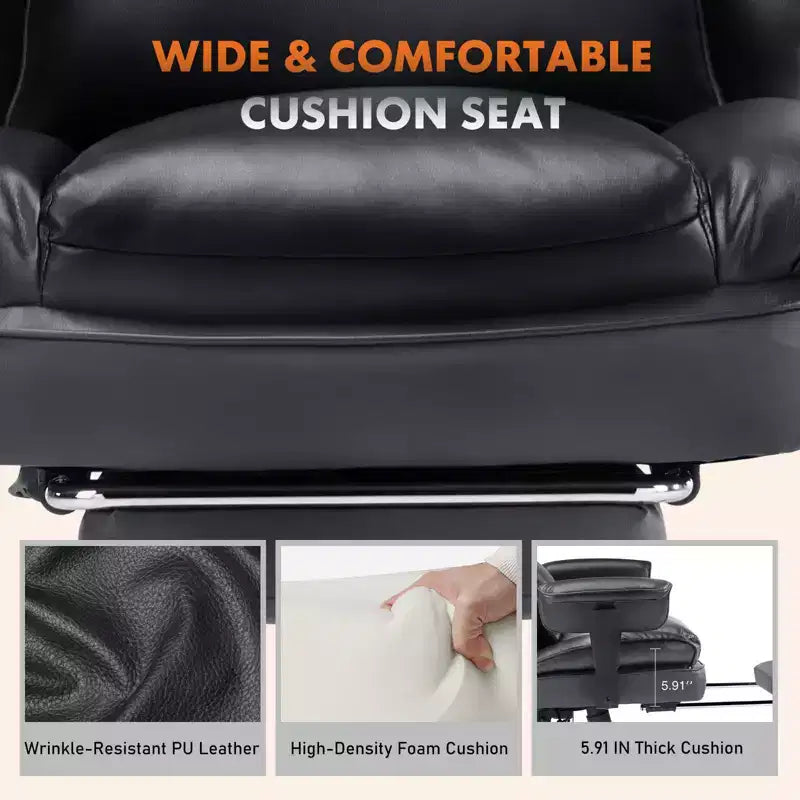 Fauteuil de bureau de direction en cuir PU, grand fauteuil de bureau avec repose-pieds et support lombaire, hauteur inclinable réglable