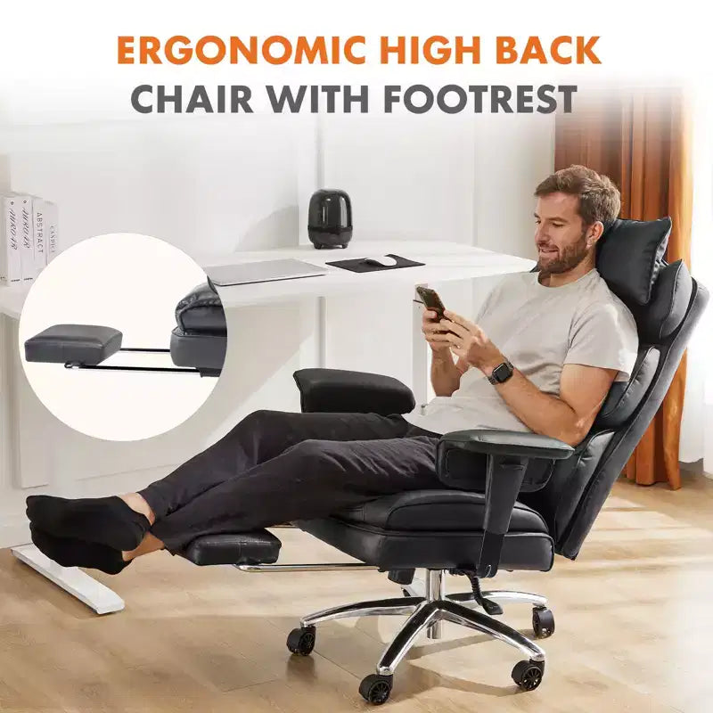 Fauteuil de bureau de direction en cuir PU, grand fauteuil de bureau avec repose-pieds et support lombaire, hauteur inclinable réglable