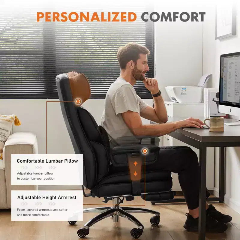 Fauteuil de bureau de direction en cuir PU, grand fauteuil de bureau avec repose-pieds et support lombaire, hauteur inclinable réglable