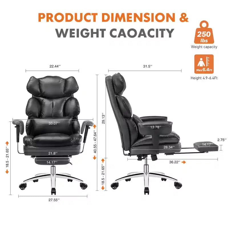 Fauteuil de bureau de direction en cuir PU, grand fauteuil de bureau avec repose-pieds et support lombaire, hauteur inclinable réglable