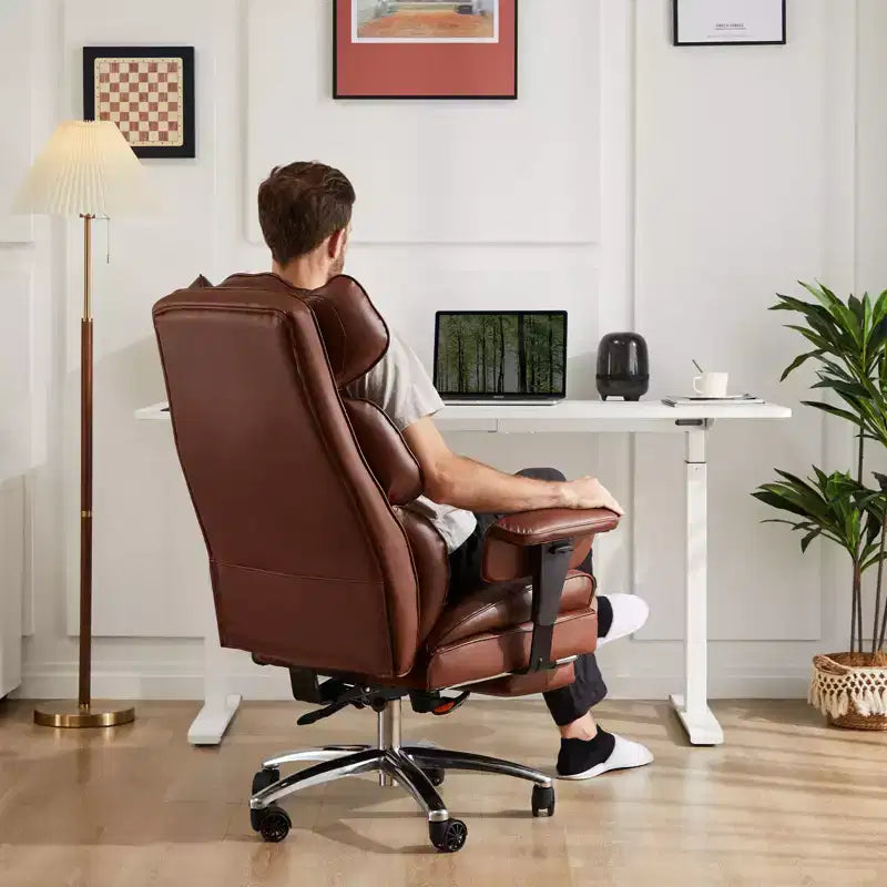 Fauteuil de bureau de direction en cuir PU, grand fauteuil de bureau avec repose-pieds et support lombaire, hauteur inclinable réglable