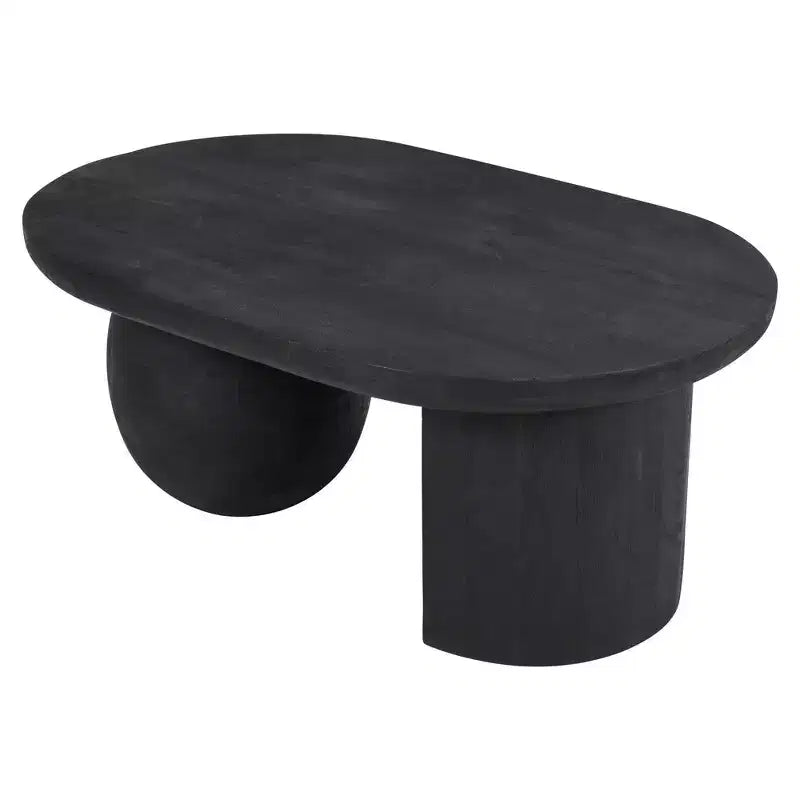 Table basse ovale avec pieds sphériques entiers et demi-sphériques en bois de manguier, 38 pouces