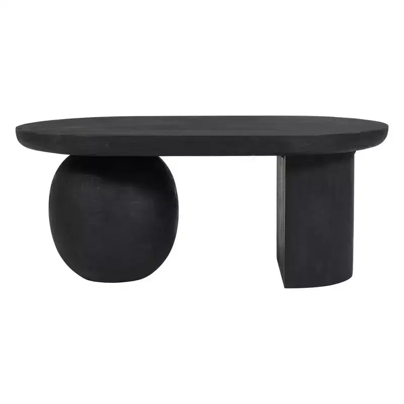 Table basse ovale avec pieds sphériques entiers et demi-sphériques en bois de manguier, 38 pouces