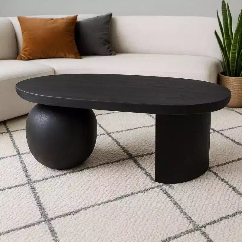Table basse ovale avec pieds sphériques entiers et demi-sphériques en bois de manguier, 38 pouces