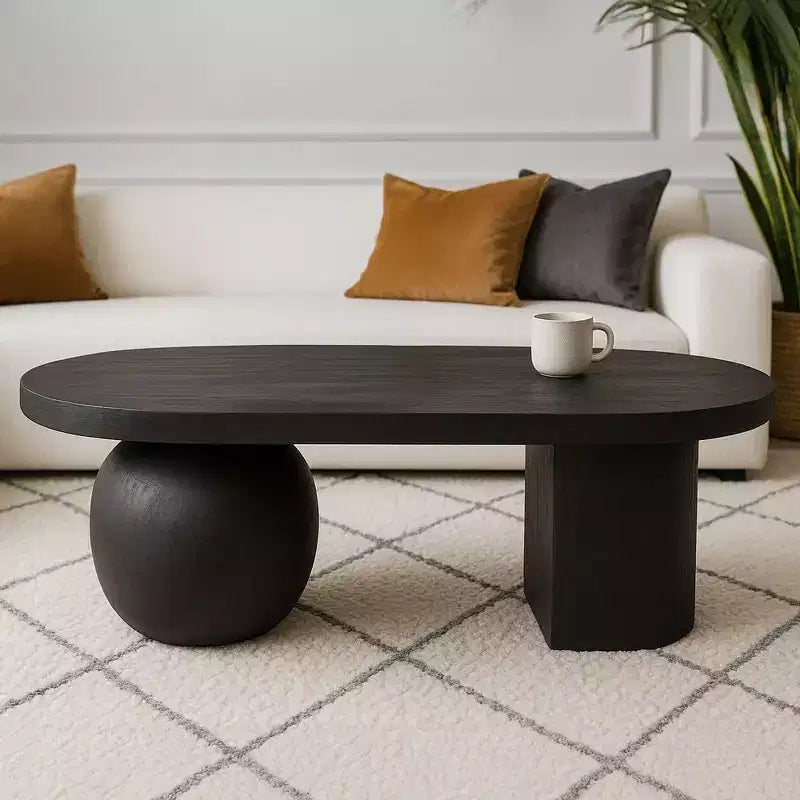 Table basse ovale avec pieds sphériques entiers et demi-sphériques en bois de manguier, 38 pouces