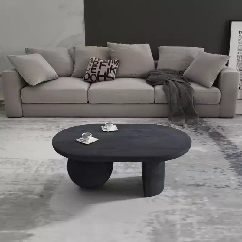 Table basse ovale avec pieds sphériques entiers et demi-sphériques en bois de manguier, 38 pouces