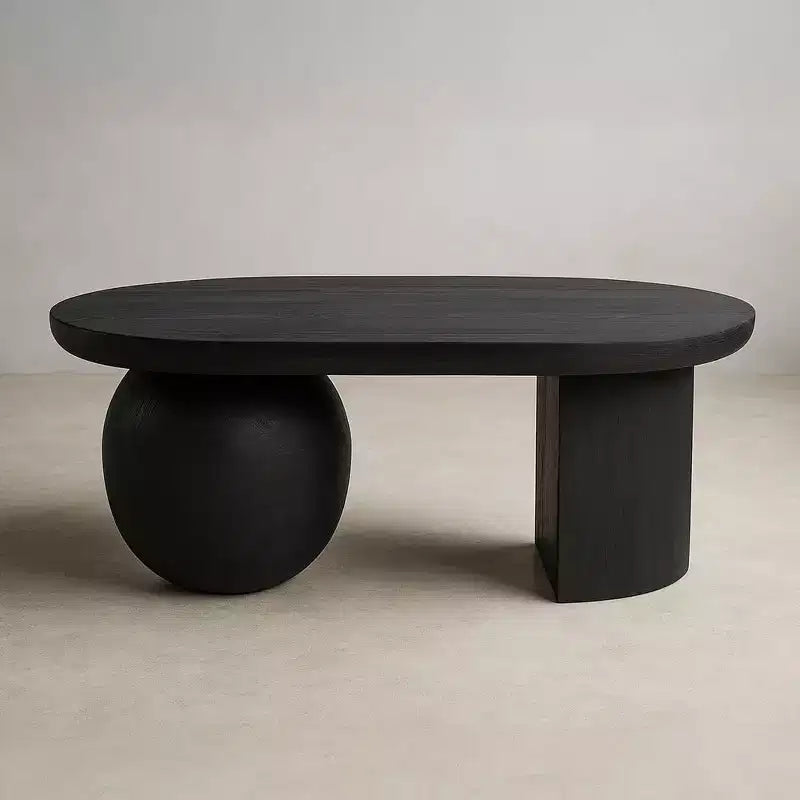 Table basse ovale avec pieds sphériques entiers et demi-sphériques en bois de manguier, 38 pouces