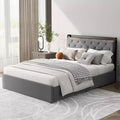 Velvet Bed Frame with Four Storage Drawers and USB Charging Station, Greey Bed Frame with Storage Headboard and Wooden Slats Support