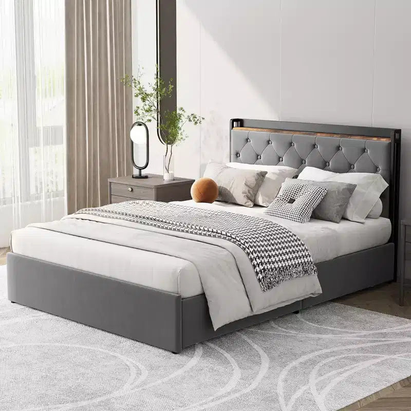 Velvet Bed Frame with Four Storage Drawers and USB Charging Station, Greey Bed Frame with Storage Headboard and Wooden Slats Support