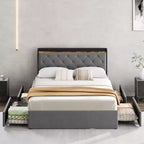 Cadre de Lit en Velours avec Quatre Tiroirs de Rangement et Station de Charge USB, Cadre de Lit Gris avec Tête de Lit de Rangement et Support à Lattes en Bois